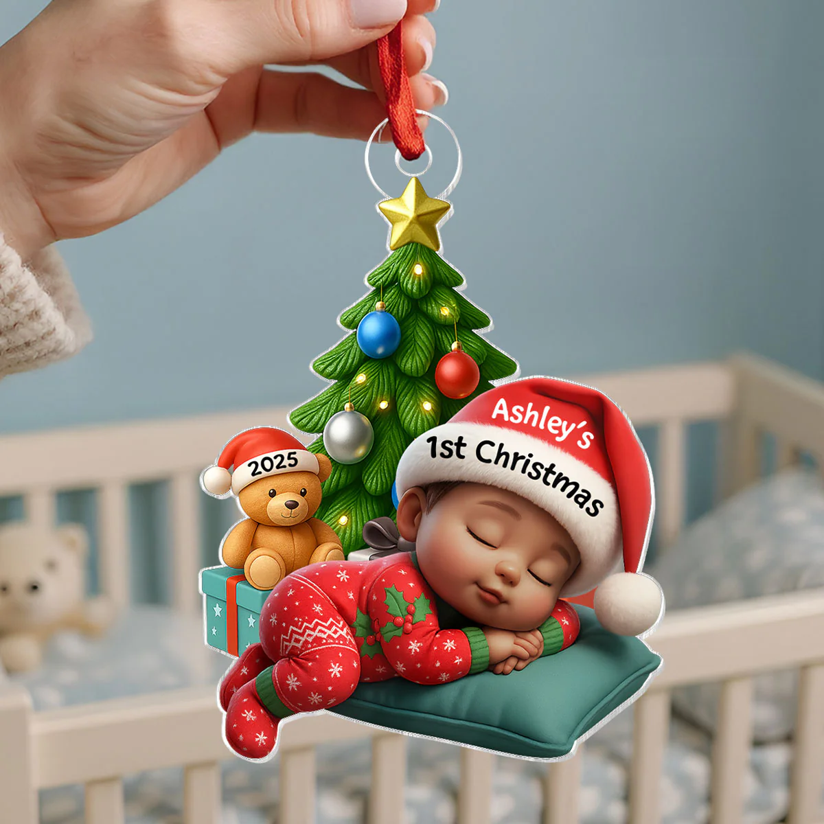 Sleeping Baby in Christmas Pajama Personalized Acrylic Ornament, Baby's 1st Christmas - Image 3