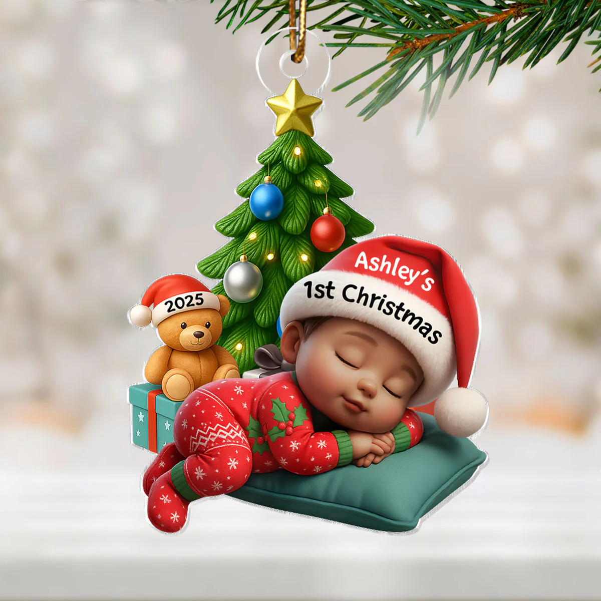 Sleeping Baby in Christmas Pajama Personalized Acrylic Ornament, Baby's 1st Christmas - Image 4