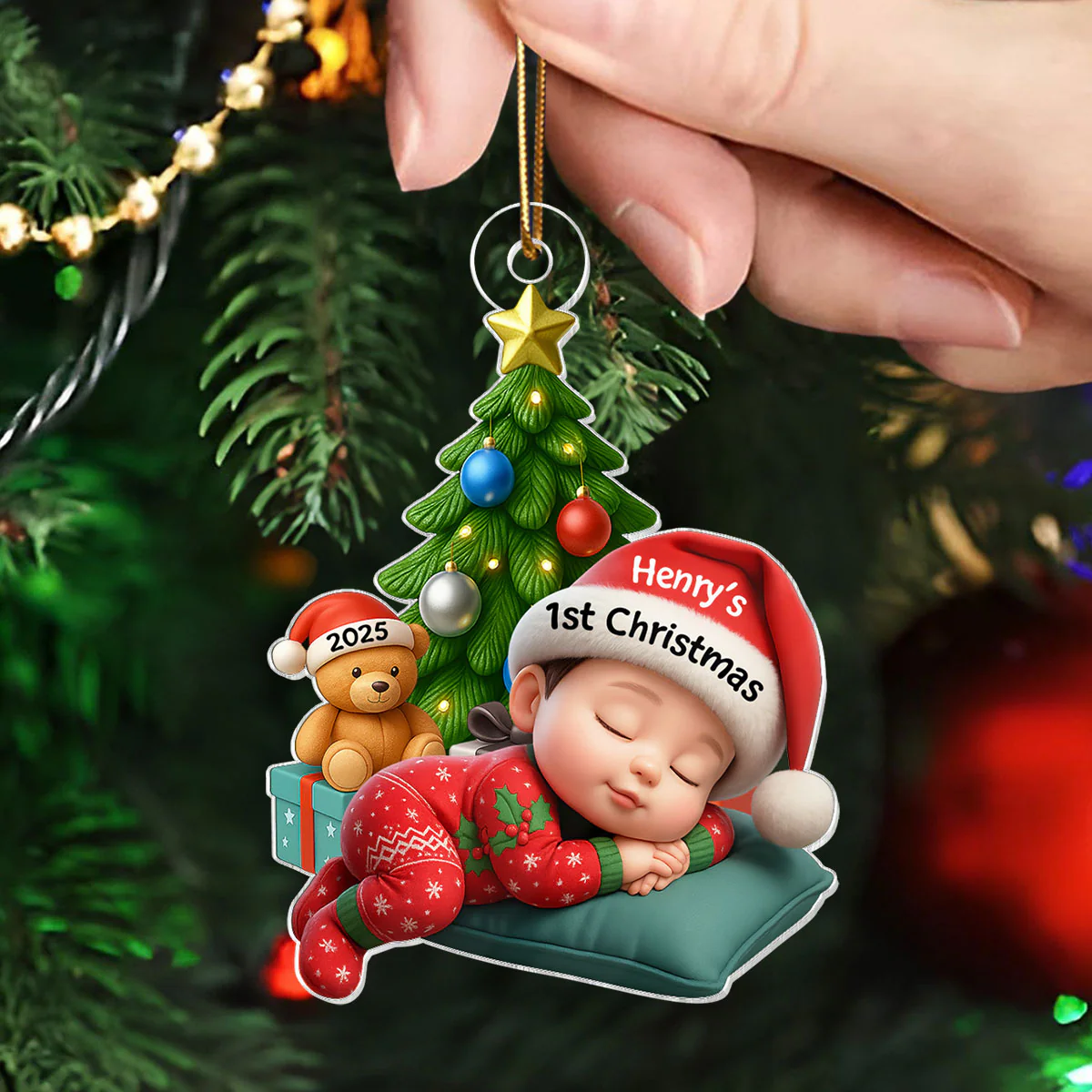 Sleeping Baby in Christmas Pajama Personalized Acrylic Ornament, Baby's 1st Christmas - Image 5