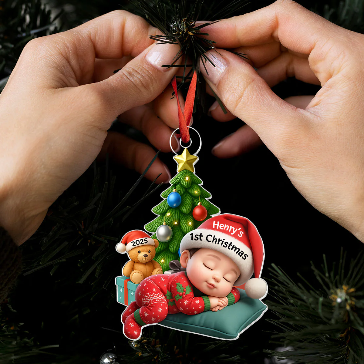 Sleeping Baby in Christmas Pajama Personalized Acrylic Ornament, Baby's 1st Christmas - Image 6