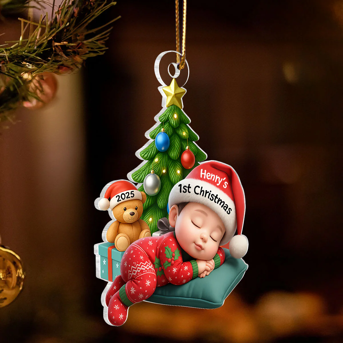 Sleeping Baby in Christmas Pajama Personalized Acrylic Ornament, Baby's 1st Christmas - Image 7