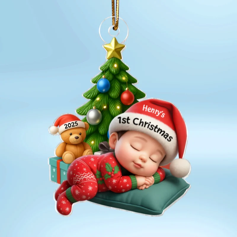 Sleeping Baby in Christmas Pajama Personalized Acrylic Ornament, Baby's 1st Christmas - Image 9