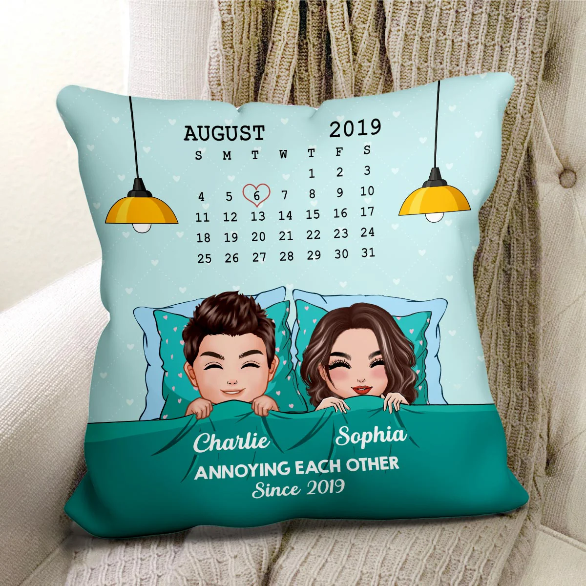 Sleeping Couple Annoying Each Other Anniversary Date Personalized Pillow - Image 2