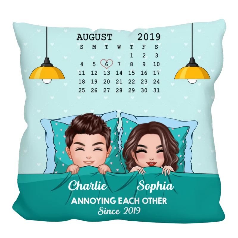 Sleeping Couple Annoying Each Other Anniversary Date Personalized Pillow - Image 3