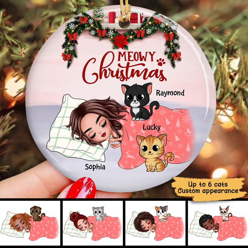 Sleeping Girl And Cats Christmas Personalized Circle Ornament - Image 2