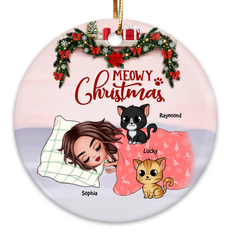 Sleeping Girl And Cats Christmas Personalized Circle Ornament - Image 3