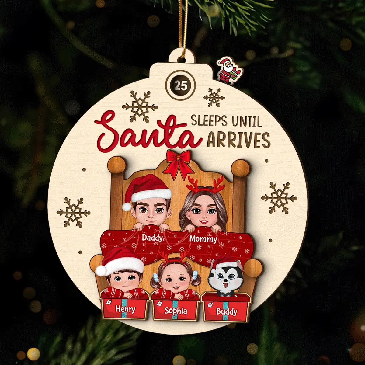 Sleeps Till Santa Arrives Christmas Doll Family Couple Dogs Cats On Bed Personalized Countdown Ornament - Image 2