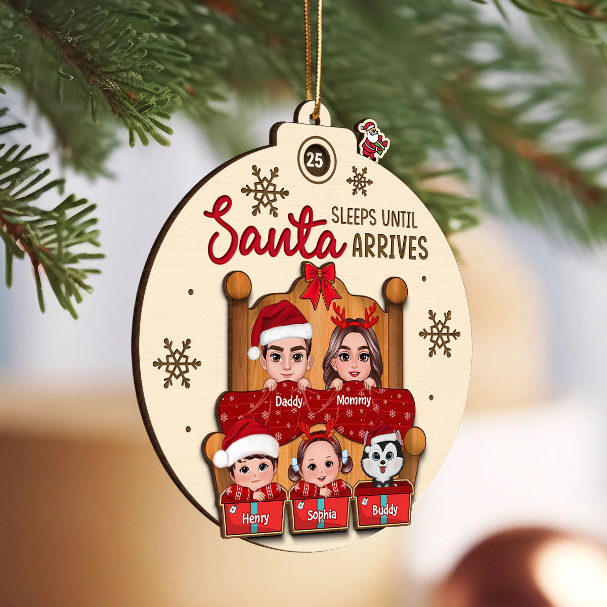 Sleeps Till Santa Arrives Christmas Doll Family Couple Dogs Cats On Bed Personalized Countdown Ornament - Image 3