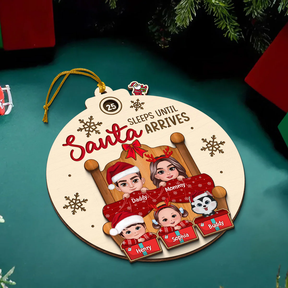 Sleeps Till Santa Arrives Christmas Doll Family Couple Dogs Cats On Bed Personalized Countdown Ornament - Image 6