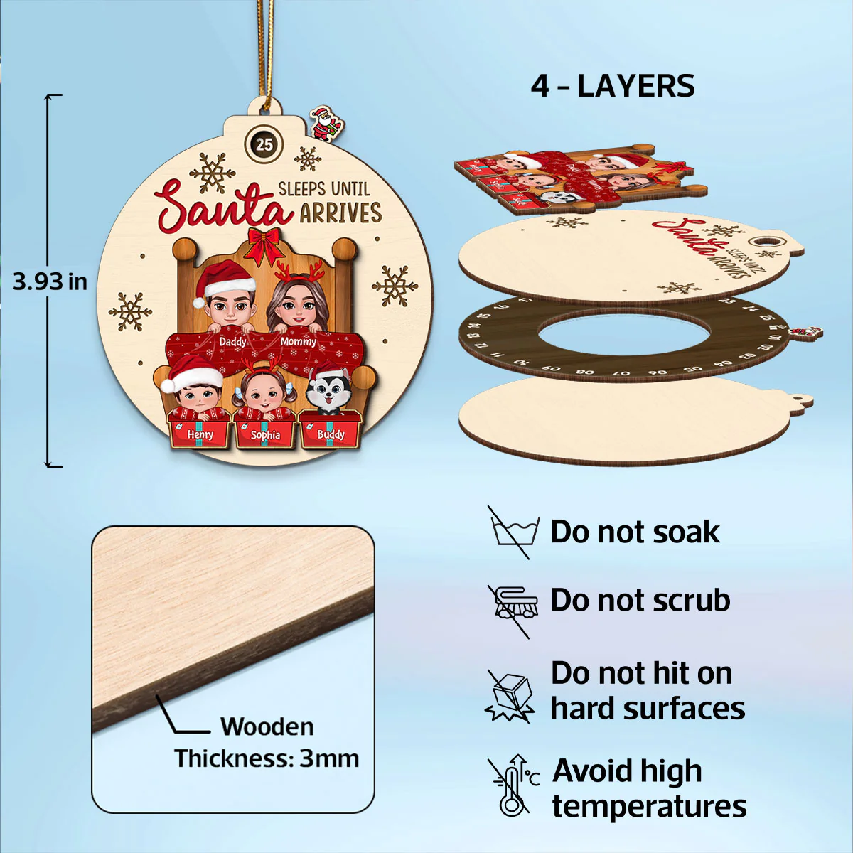 Sleeps Till Santa Arrives Christmas Doll Family Couple Dogs Cats On Bed Personalized Countdown Ornament - Image 7