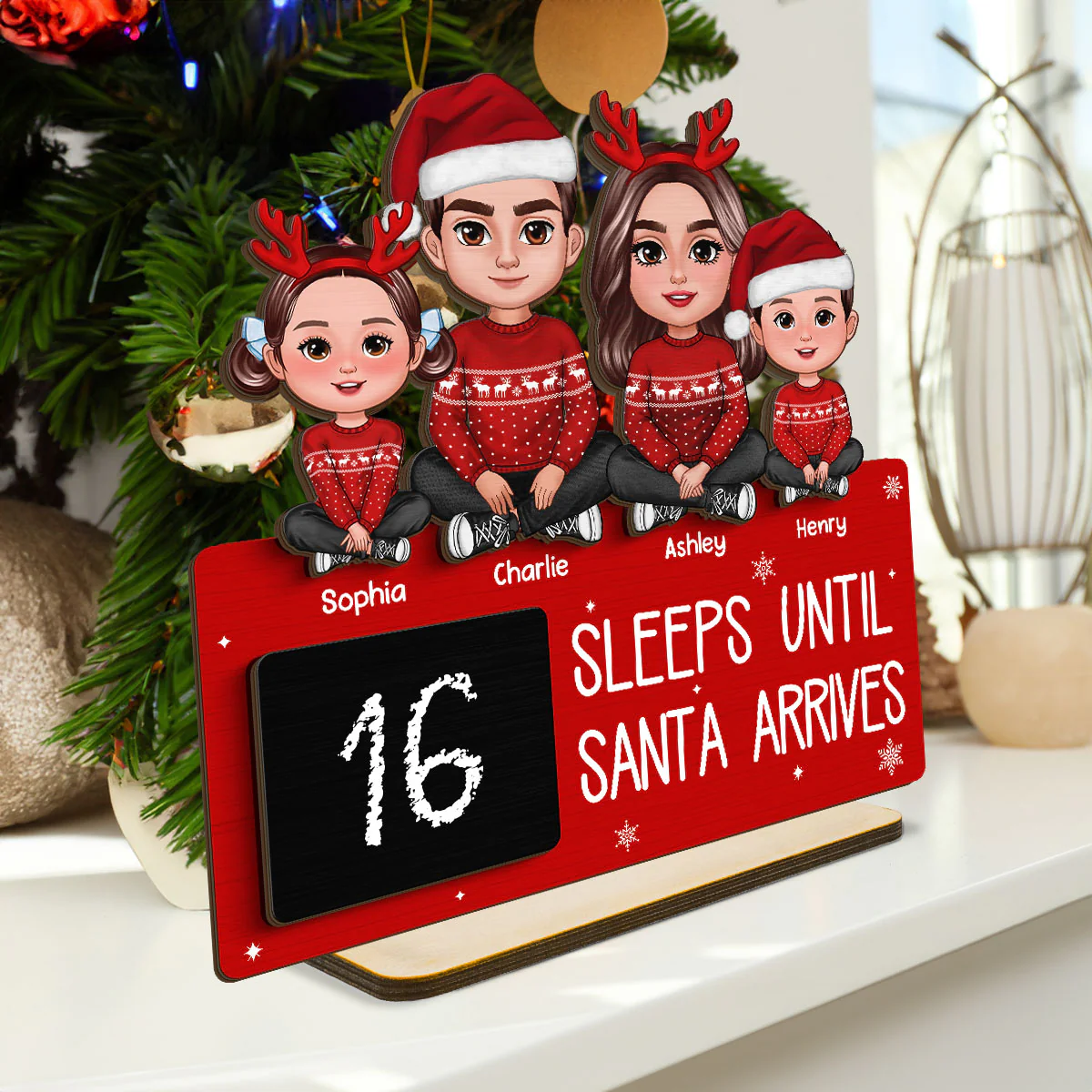Sleeps Until Santa Arrives Family Christmas Decor Personalized 2-Layer Standing Wooden Plaque - Image 3