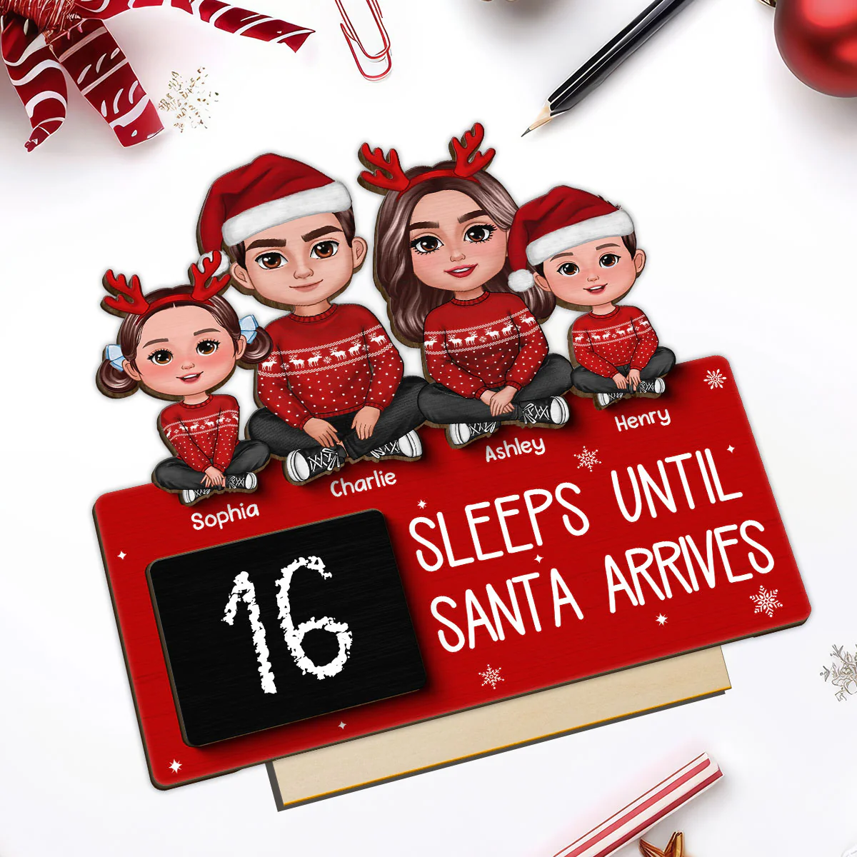 Sleeps Until Santa Arrives Family Christmas Decor Personalized 2-Layer Standing Wooden Plaque - Image 5