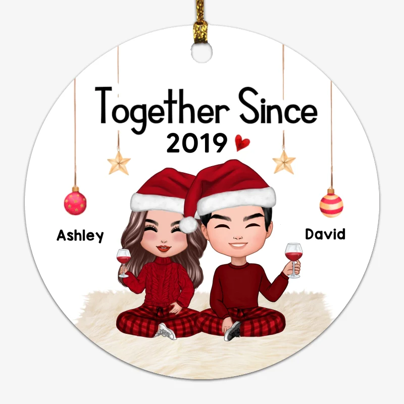 Smiling Doll Couple Sitting Christmas Personalized Circle Ornament - Image 2