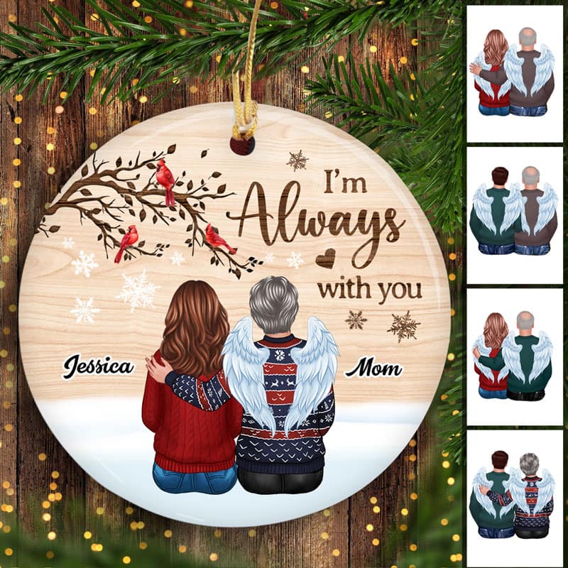 Snow Background Back View Family Memorial Personalized Circle Ornament - Image 2