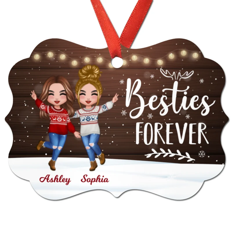 Snow Background Happy Doll Besties Personalized Christmas Ornament - Image 3