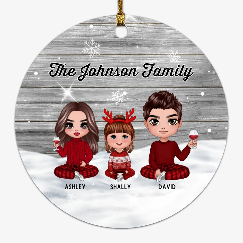 Snow Christmas Doll Family Personalized Circle Ornament - Image 2