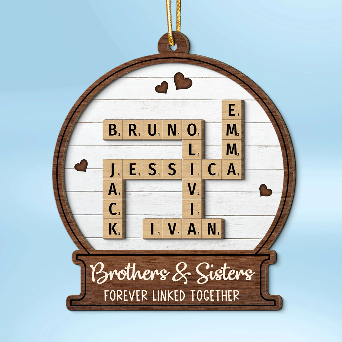 Snow Globe Brothers & Sisters Forever Linked Together Crossword Puzzle Art Personalized 2-Layer Wooden Ornament, Gift For Brothers, Sisters, Siblings, Family - Image 2