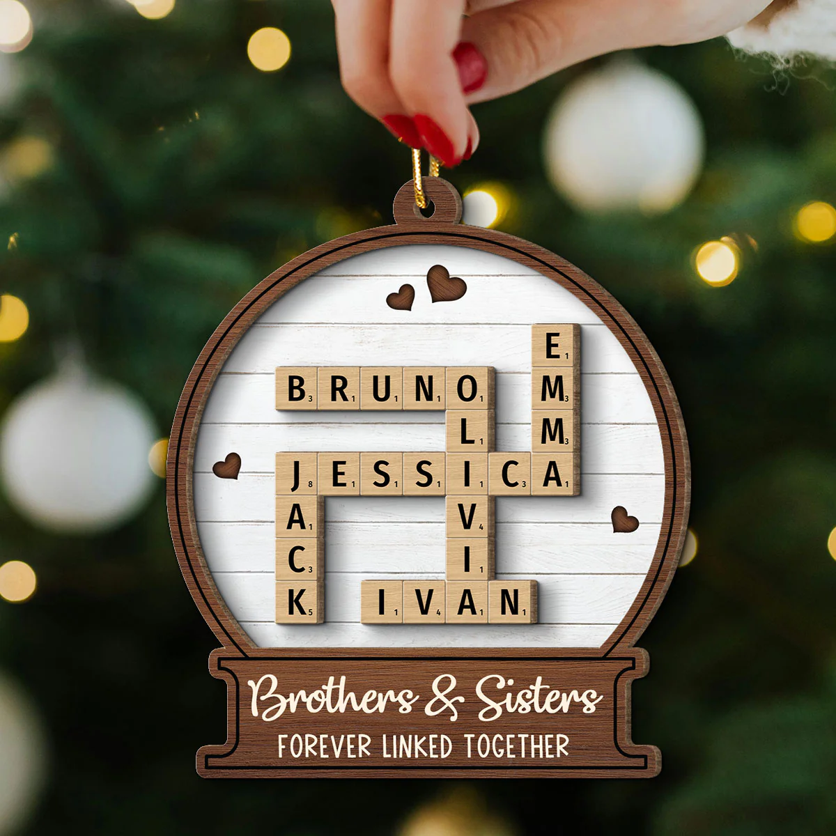 Snow Globe Brothers & Sisters Forever Linked Together Crossword Puzzle Art Personalized 2-Layer Wooden Ornament, Gift For Brothers, Sisters, Siblings, Family - Image 3