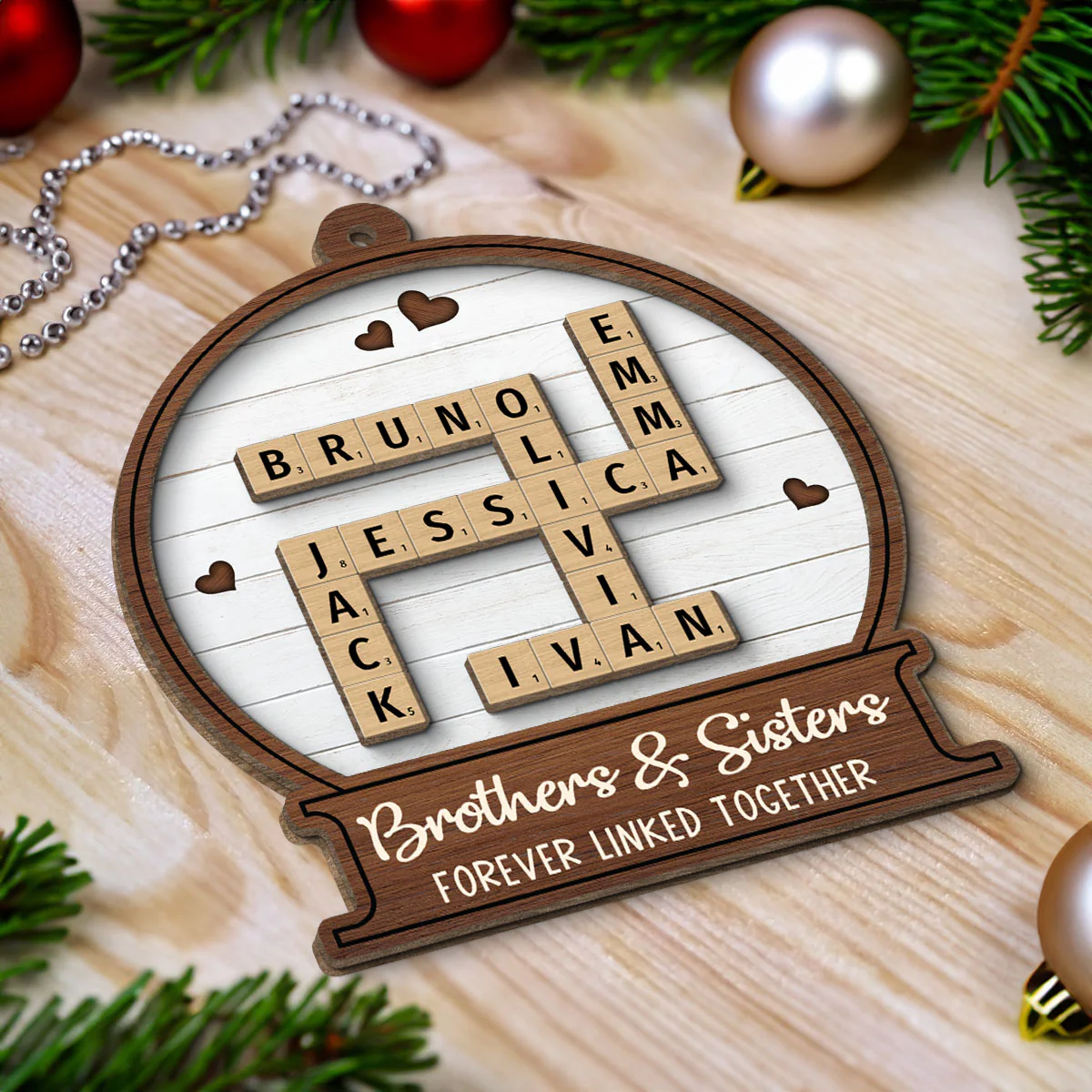 Snow Globe Brothers & Sisters Forever Linked Together Crossword Puzzle Art Personalized 2-Layer Wooden Ornament, Gift For Brothers, Sisters, Siblings, Family - Image 4