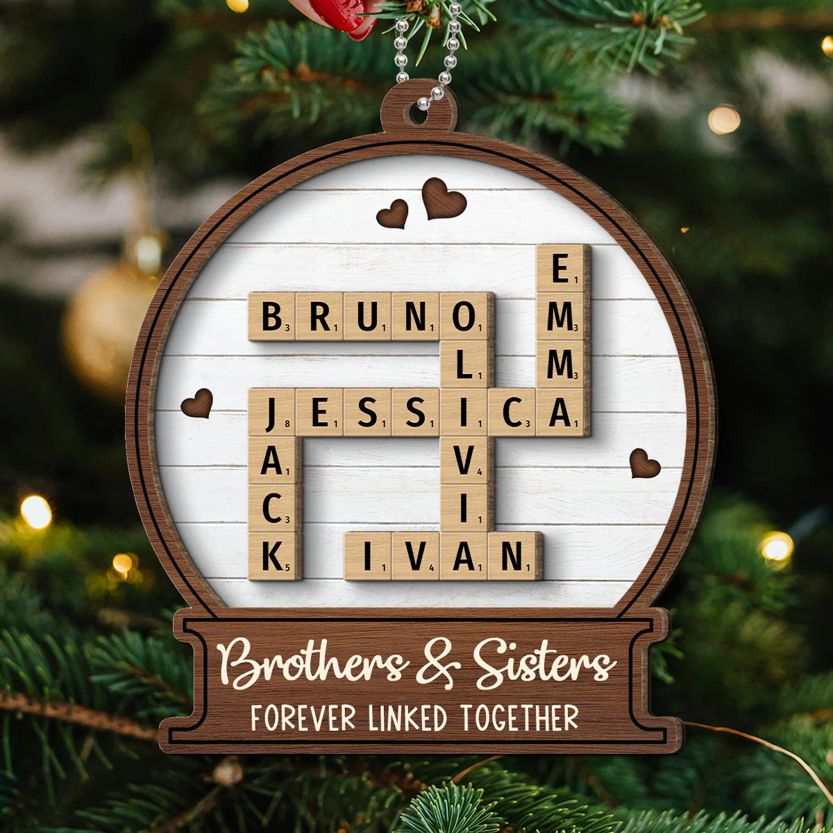 Snow Globe Brothers & Sisters Forever Linked Together Crossword Puzzle Art Personalized 2-Layer Wooden Ornament, Gift For Brothers, Sisters, Siblings, Family - Image 5