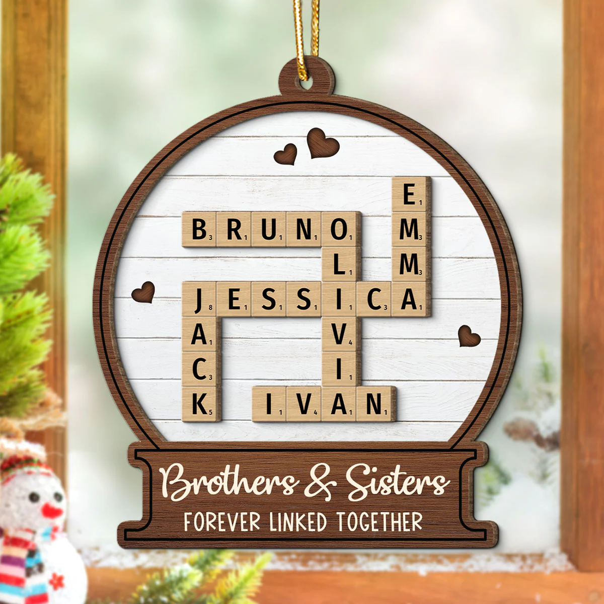 Snow Globe Brothers & Sisters Forever Linked Together Crossword Puzzle Art Personalized 2-Layer Wooden Ornament, Gift For Brothers, Sisters, Siblings, Family - Image 7