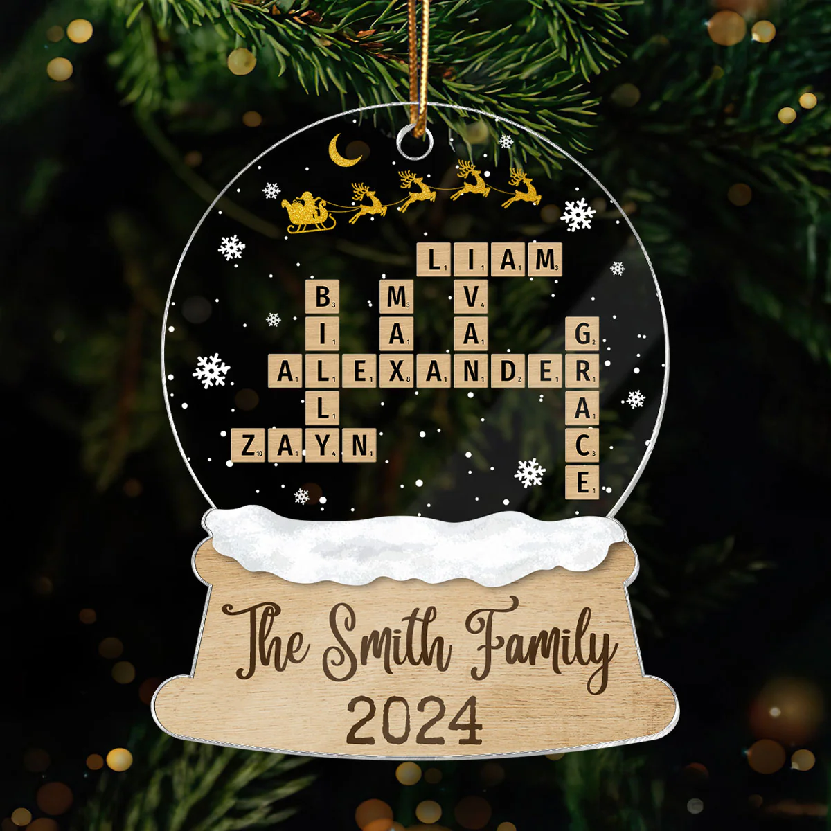 Snow Globe Christmas Sleigh Family Puzzle Crossword Personalized Acrylic Ornament, Christmas Gift For Family