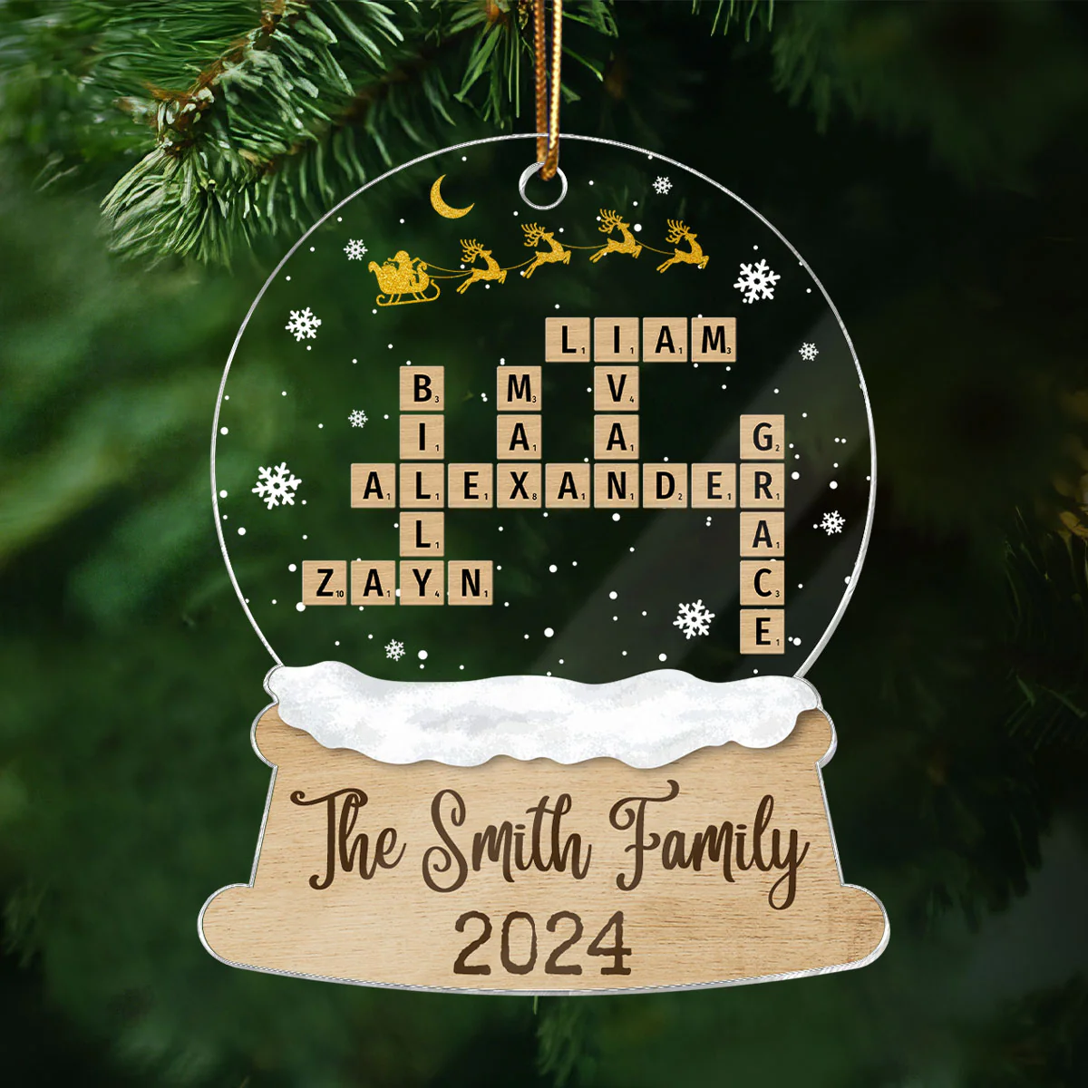 Snow Globe Christmas Sleigh Family Puzzle Crossword Personalized Acrylic Ornament, Christmas Gift For Family - Image 3