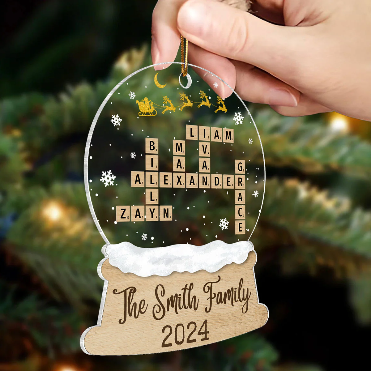 Snow Globe Christmas Sleigh Family Puzzle Crossword Personalized Acrylic Ornament, Christmas Gift For Family - Image 4