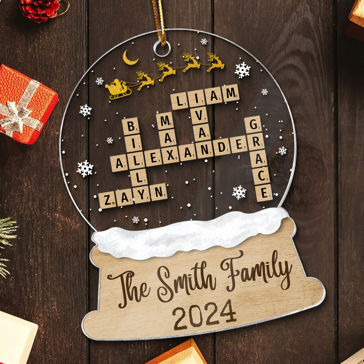 Snow Globe Christmas Sleigh Family Puzzle Crossword Personalized Acrylic Ornament, Christmas Gift For Family - Image 5
