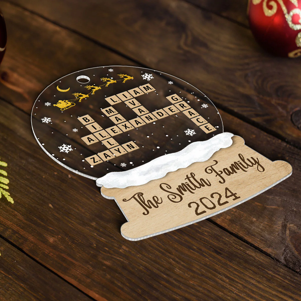 Snow Globe Christmas Sleigh Family Puzzle Crossword Personalized Acrylic Ornament, Christmas Gift For Family - Image 6