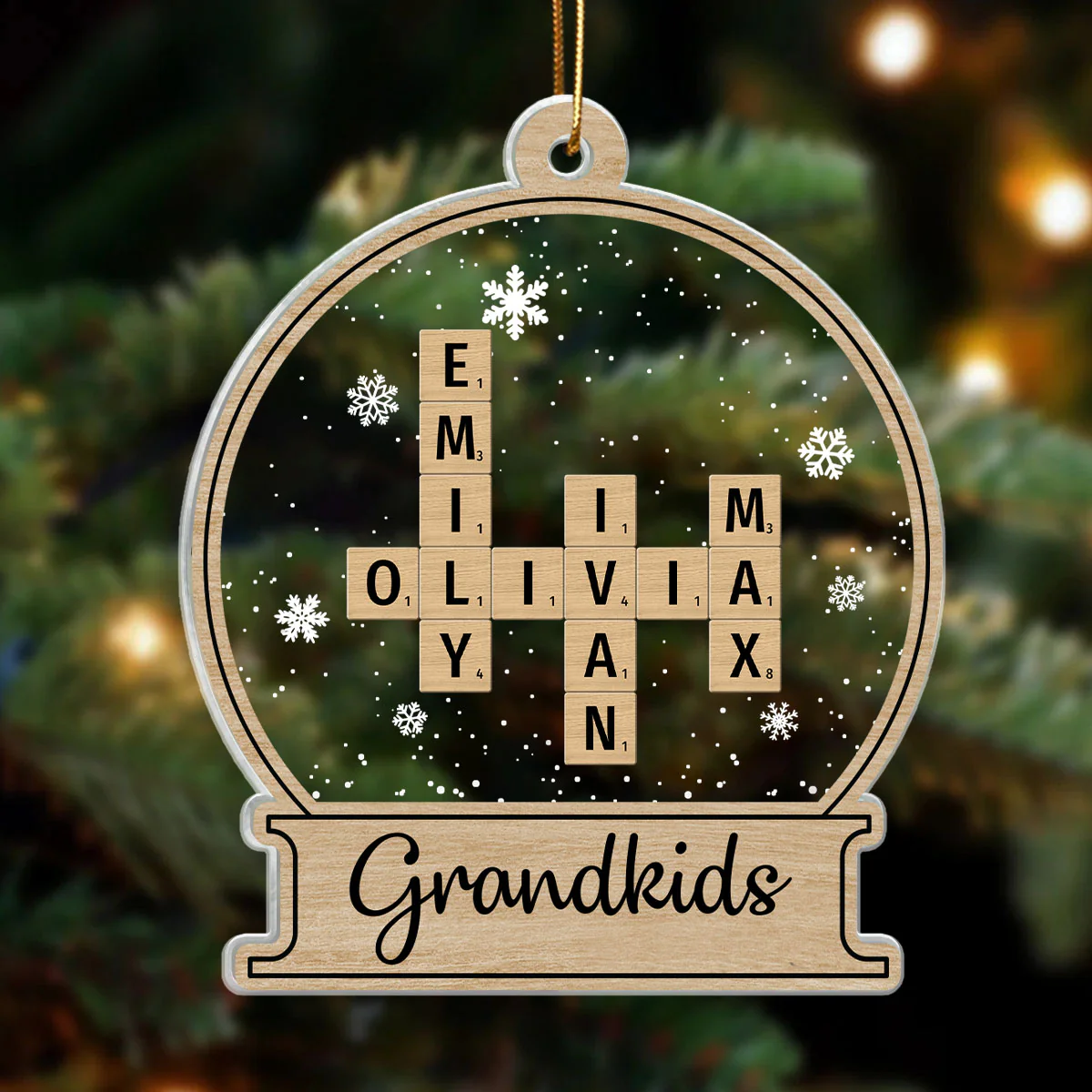 Snow Globe Grandkids Crossword Puzzle Personalized Acrylic Ornament, Christmas Gift For Grandma, Grandpa, Granddaughter, Grandson