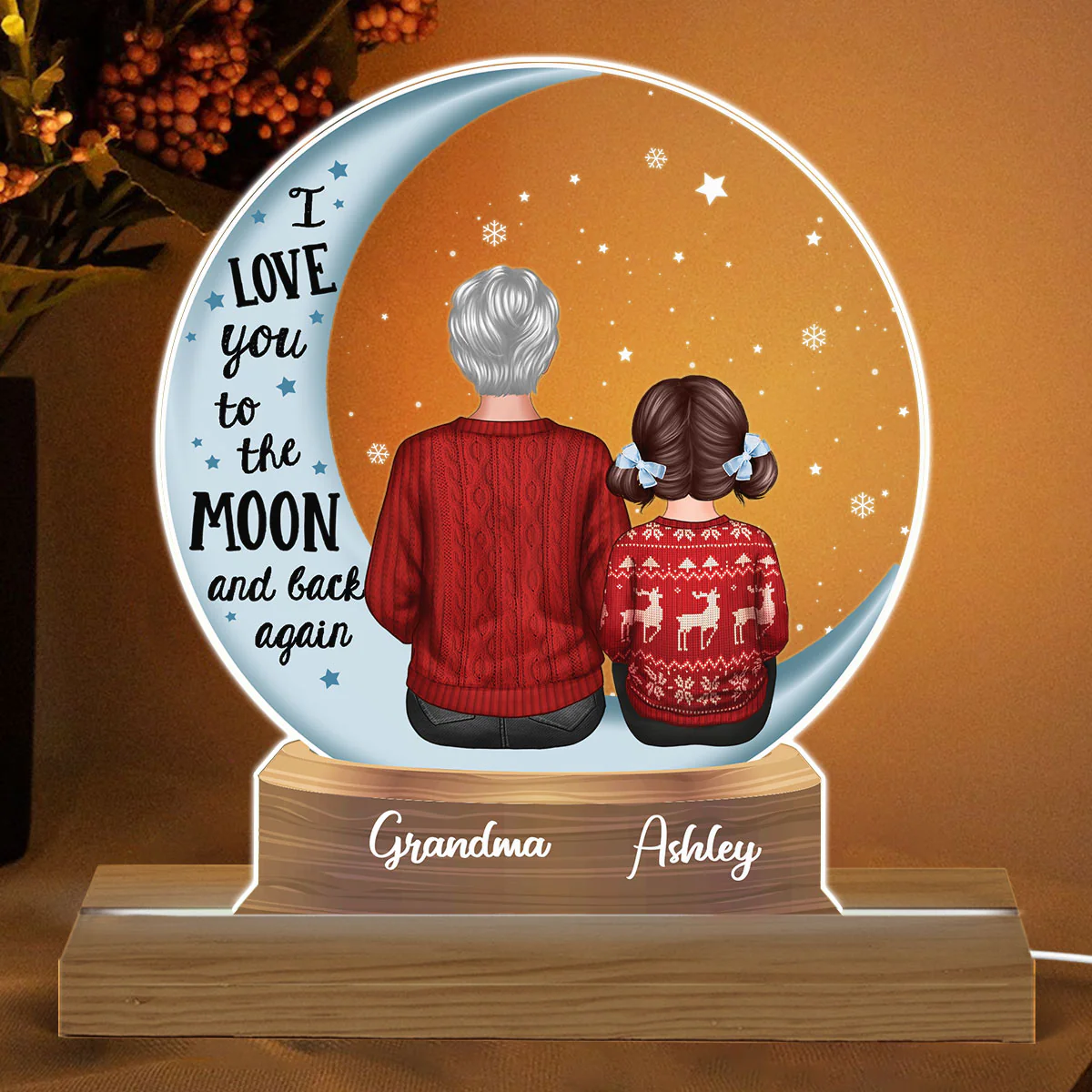 Snow Globe Grandma Grandkids On Moon Personalized Acrylic Custom Shape LED Night Light - Image 2
