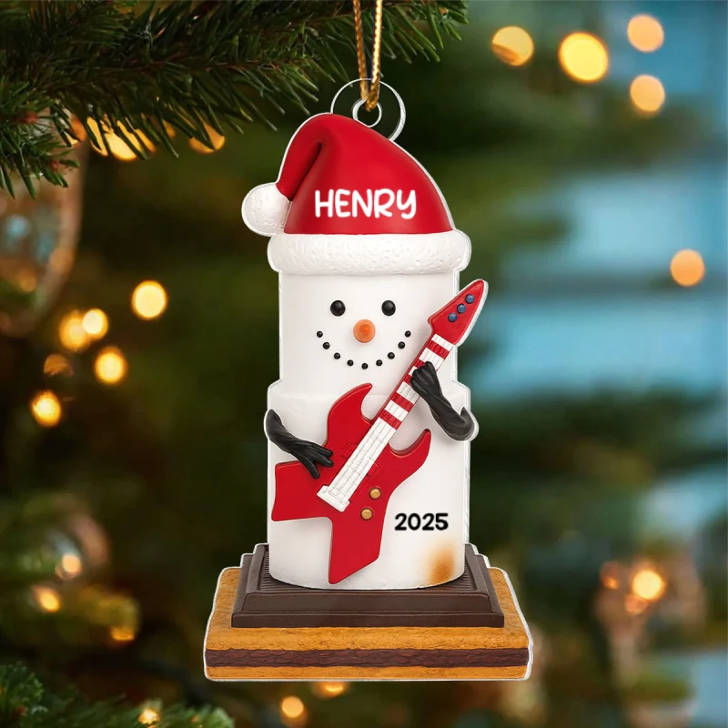 Snow Man Playing Guitar On Chocolate and Cracker - Personalized Acrylic Ornament- Gift for Guitar Lovers - Image 8