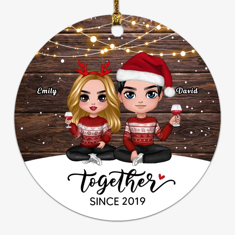Snow Wood Doll Couple Sitting Together Since Personalized Circle Ornament - Image 2