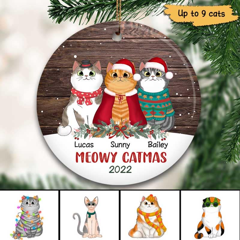Snow Wood Fluffy Cat Christmas Personalized Circle Ornament - Image 2