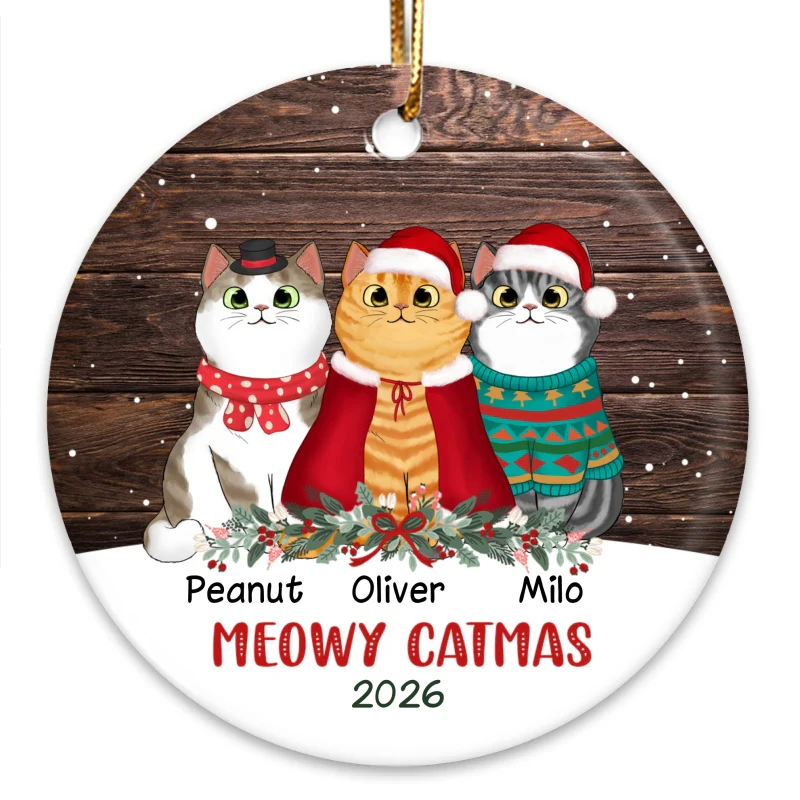 Snow Wood Fluffy Cat Christmas Personalized Circle Ornament - Image 3