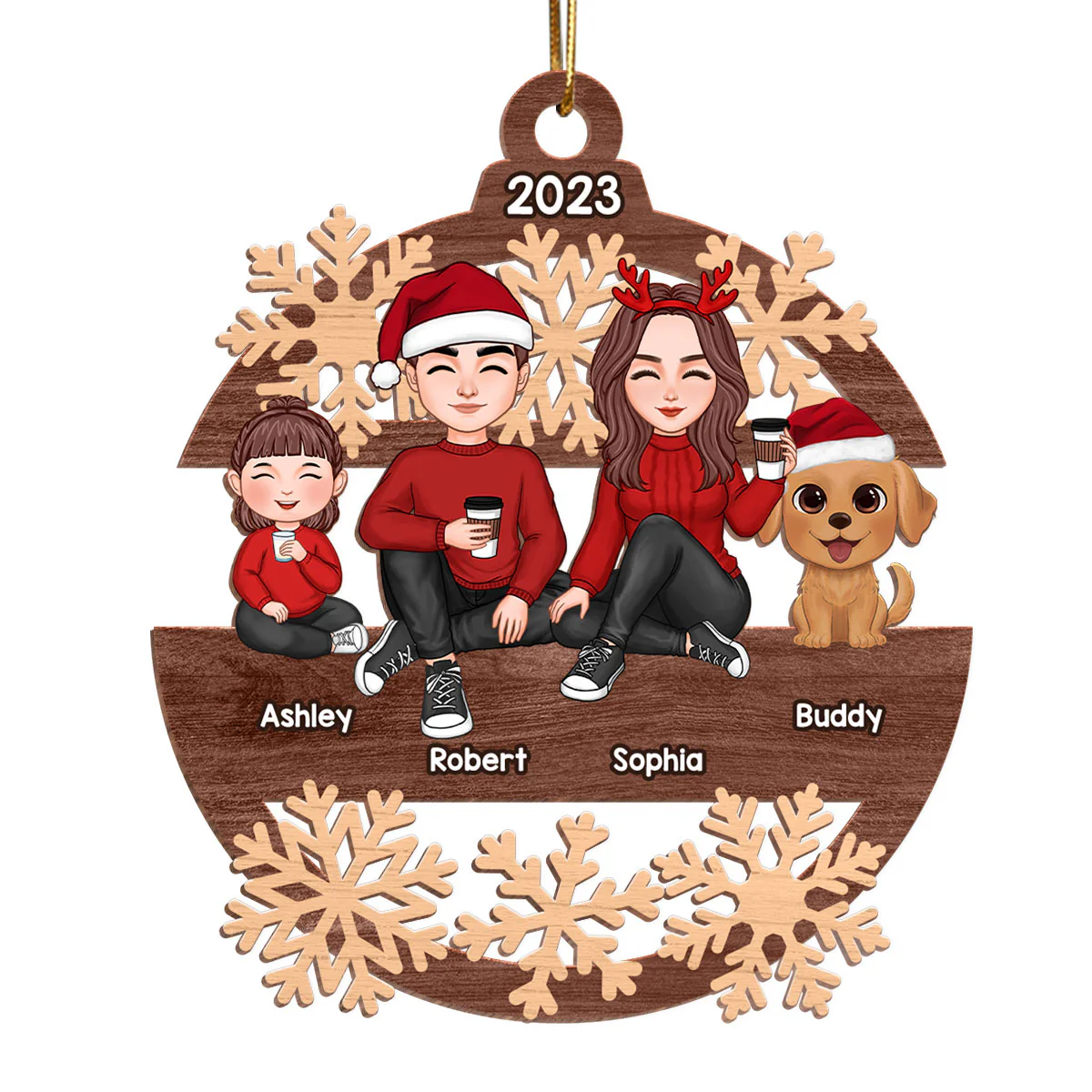 Snowflake Cute Family Sitting Personalized Wooden Ornament