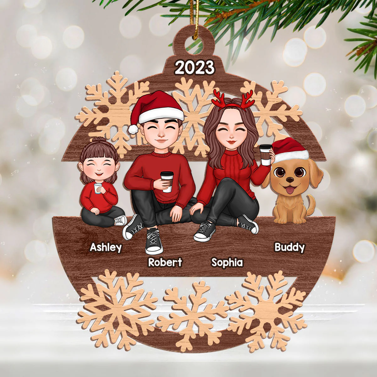 Snowflake Cute Family Sitting Personalized Wooden Ornament - Image 2