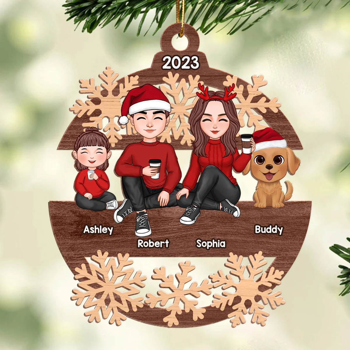 Snowflake Cute Family Sitting Personalized Wooden Ornament - Image 3