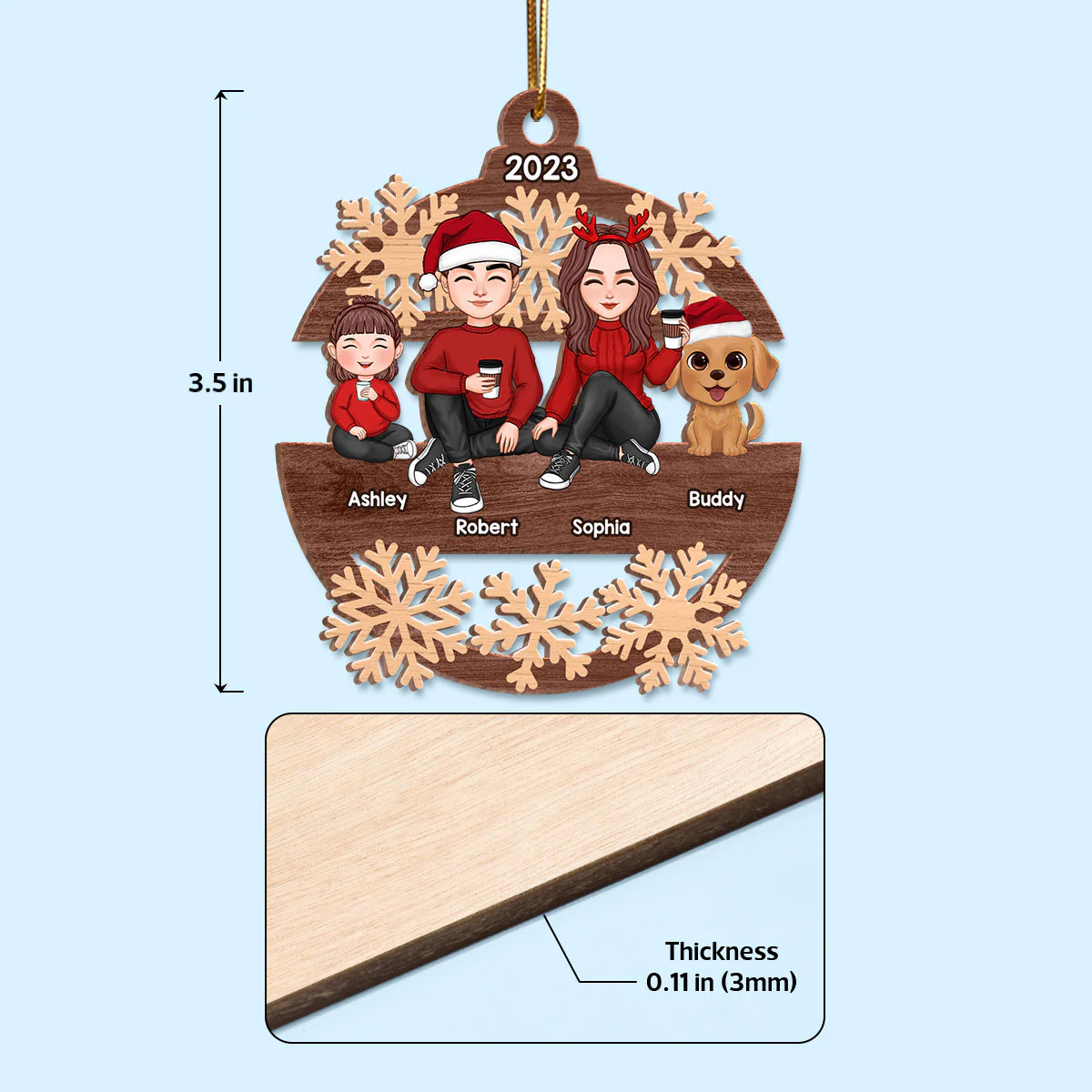 Snowflake Cute Family Sitting Personalized Wooden Ornament - Image 4