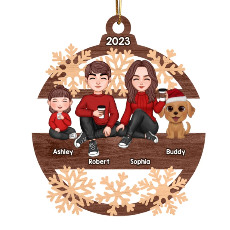 Snowflake Cute Family Sitting Personalized Wooden Ornament - Image 5