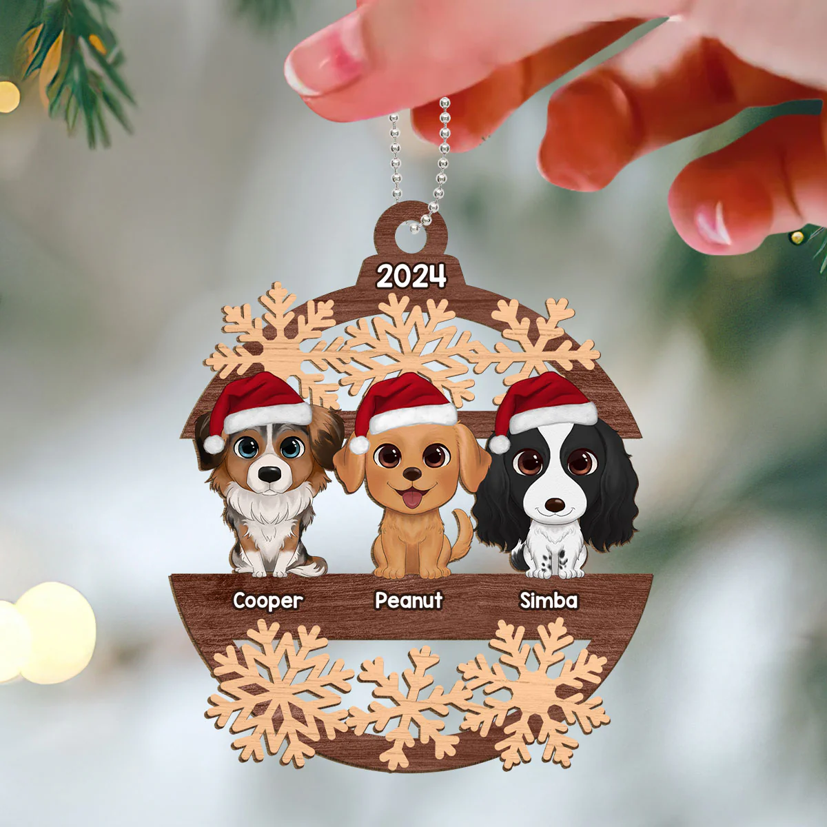 Snowflake Dogs Cats Christmas Sitting Personalized Wooden Ornament - Image 3