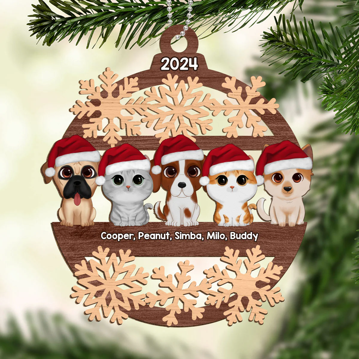 Snowflake Dogs Cats Christmas Sitting Personalized Wooden Ornament - Image 6