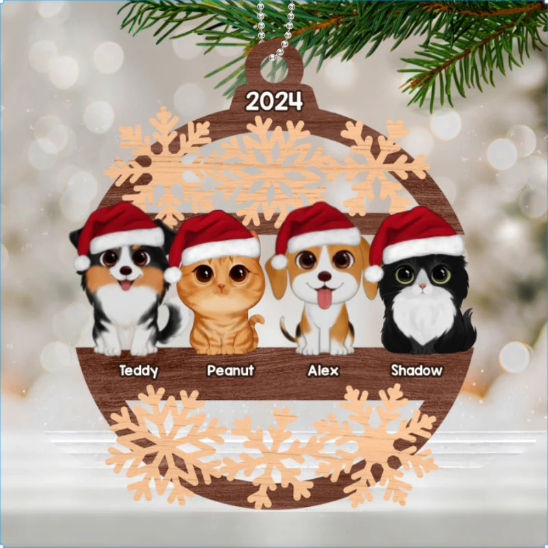 Snowflake Dogs Cats Christmas Sitting Personalized Wooden Ornament - Image 8
