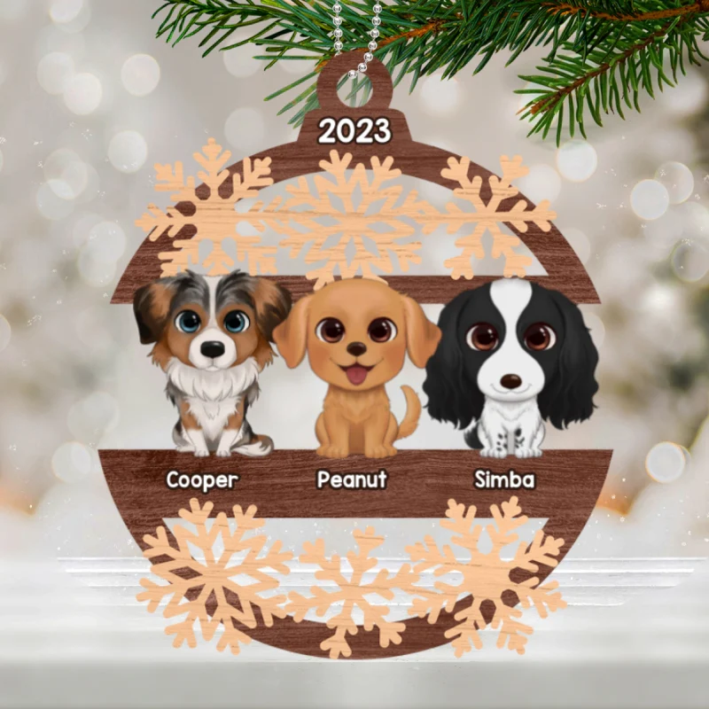 Snowflake Dogs Cats Sitting Personalized Wooden Ornament - Image 2