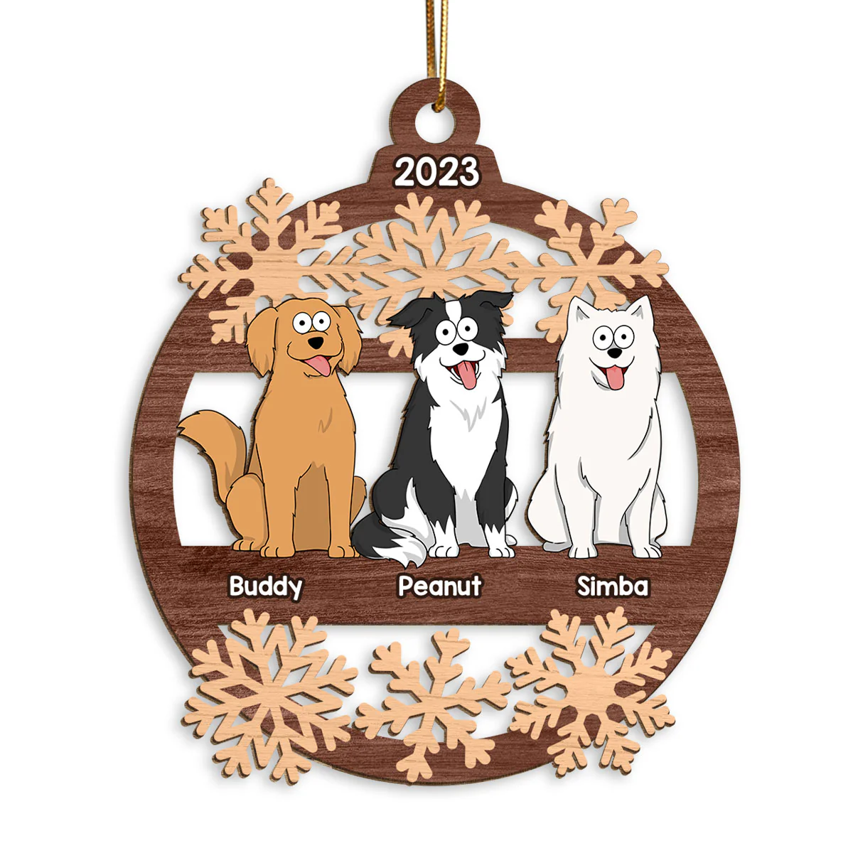 Snowflake Funny Cartoon Dogs Sitting Personalized Christmas Wooden Ornament