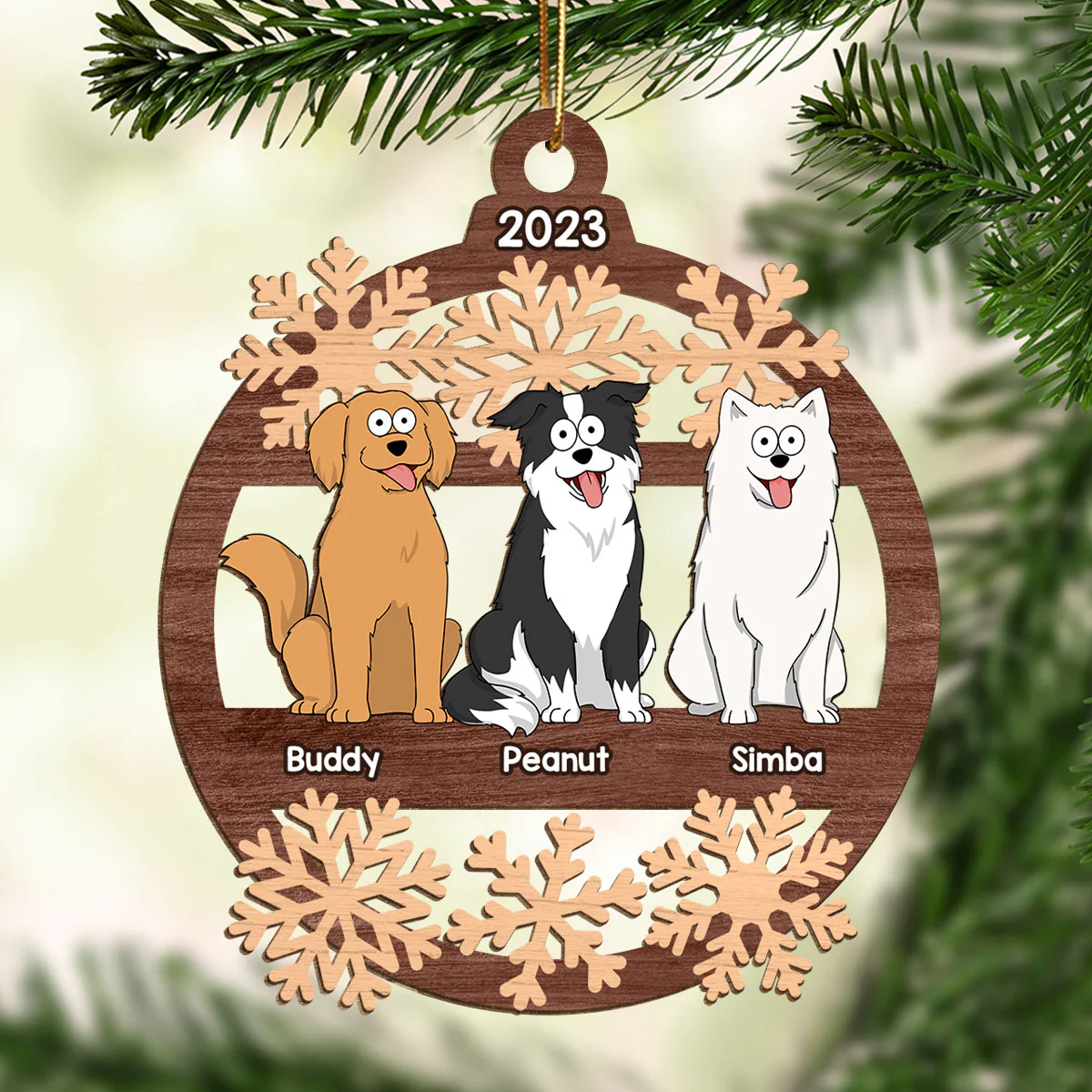 Snowflake Funny Cartoon Dogs Sitting Personalized Christmas Wooden Ornament - Image 2