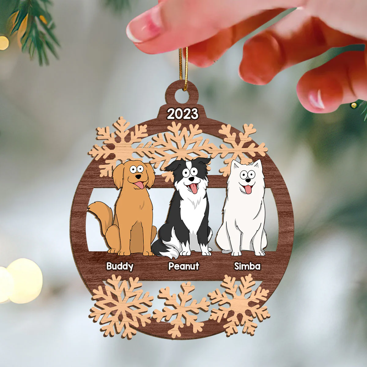 Snowflake Funny Cartoon Dogs Sitting Personalized Christmas Wooden Ornament - Image 3