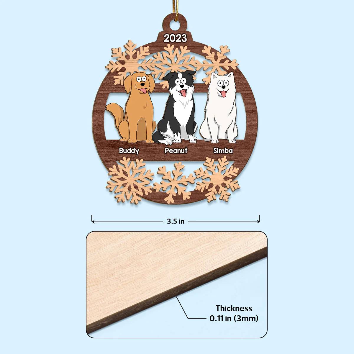 Snowflake Funny Cartoon Dogs Sitting Personalized Christmas Wooden Ornament - Image 4