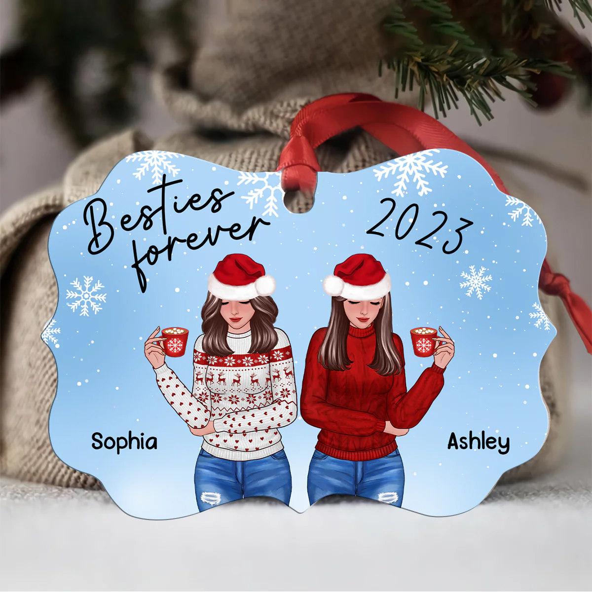 Snowflakes Front View Christmas Besties Personalized Christmas Ornament - Image 3